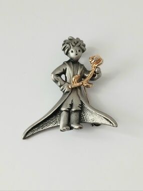 Vtg FAF Design Pewter Little Prince With Gold Plated Rose Brooch